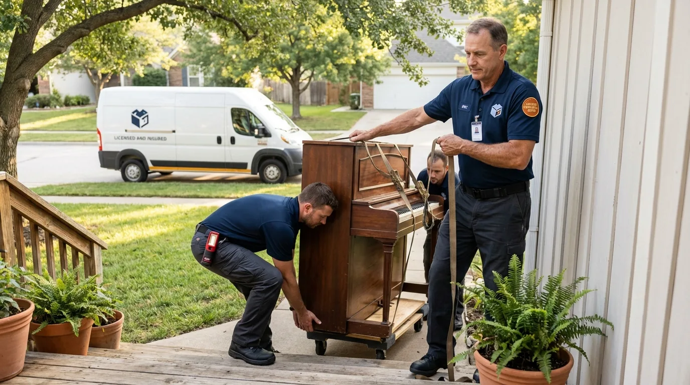 Licensed piano movers securing grand piano in Tifton, GA