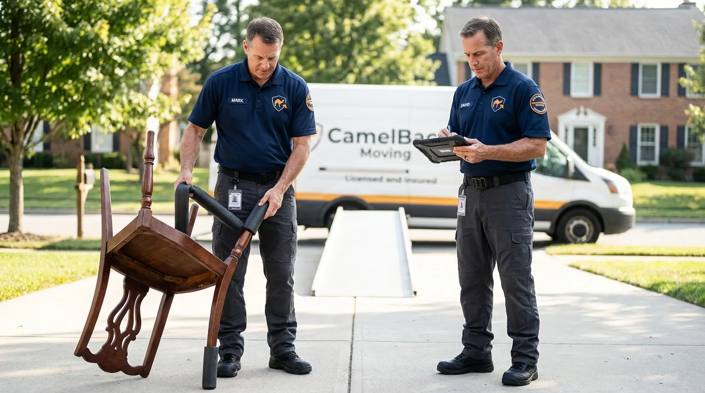 Movers inspecting furniture for damage prevention before loading in Tifton, GA