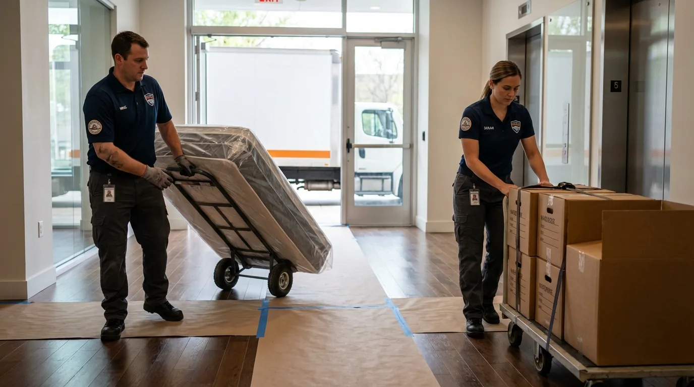 Professional apartment movers loading elevator in Tifton, GA